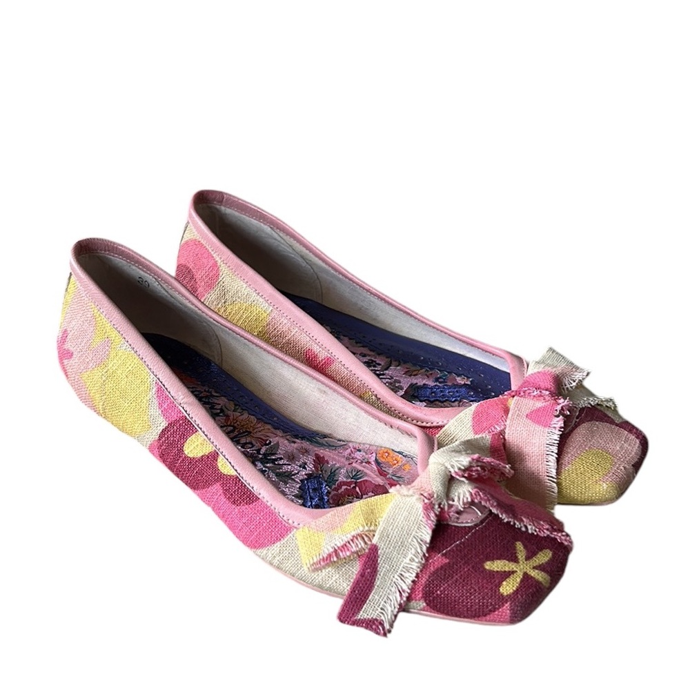Irregular Choice Pink Floral Bow Tie Linen Burlap Fabric Ballet Flats - 8